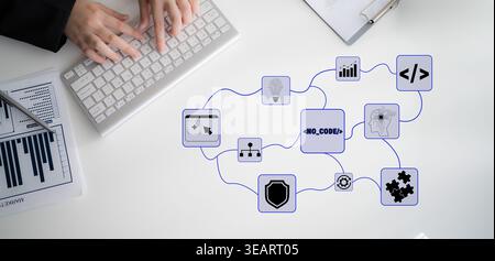 Hands Typing on Keyboard with Flowchart Elements for No-Code Solutions in a Modern Workspace Environment Featuring Data Visualization and Technology Stock Photo