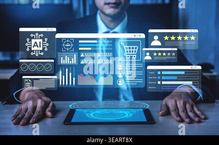 A businessman engages with a futuristic interface displaying data analytics, AI insights, and e-commerce metrics in a sleek, modern office environment Stock Photo