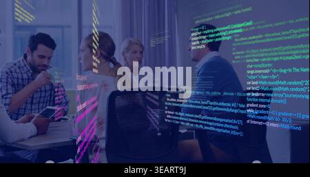 Meeting five-person team in office, holding tablet, wearing casual business wear, code overlay. Collaboration, brainstorming, modern, tech, boardroom, Stock Photo