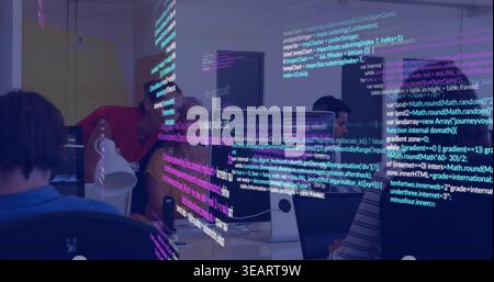 Collaborating dev team reviewing neon code on main iMac monitor at coworking space wearing hoodies. Collaboration, programmers, workspace, neon, overl Stock Photo