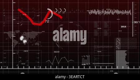 Displaying thick red curved trend line across upper third of analytics dashboard, with white gauge. Data, visualization, grid, interface, digital, met Stock Photo
