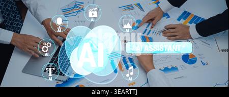 Collaborative Meeting on AI Solutions in Business with Graphs and Charts for Future Planning and Innovation Quark. Stock Photo