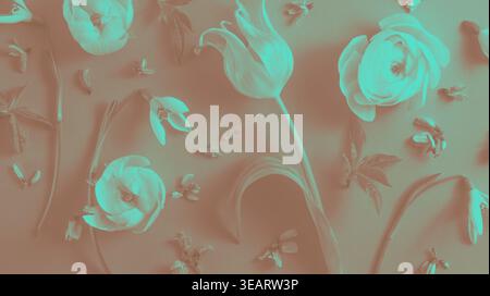 Abstract floral composition with tulips and ranunculus in muted brown and teal tones, soft blended texture, front view, decorative digital art. Stock Photo
