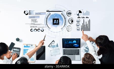A diverse business team collaborates on advanced data analysis, utilizing technology to explore artificial intelligence strategies and visualize key Stock Photo