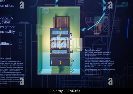 Washington DC, USA - 14 June 24: Siemens industrial control hardware displayed with information about the Stuxnet cyberattack at the International Spy Stock Photo