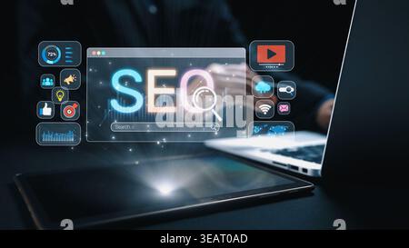 SEO concept for improving SEO visibility, with SEO related digital tools and SEO performance icons shown in an focused layout for strategic marketing Stock Photo