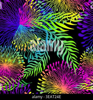 Seamless neon blue-violet floral pattern on a black background Hand drawn. Not AI, vector illustration Stock Vector