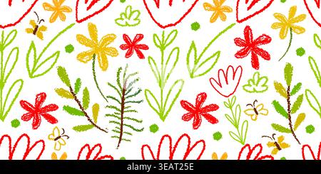 Seamless pattern simple flowers children's drawing with crayons. Hand drawn. Not AI, vector illustration. Stock Vector