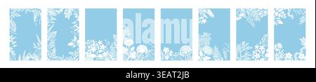 A set of blue frames with floral flowers and branches. Hand drawn. Not AI, vector illustration. Stock Vector