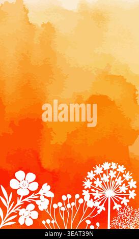Watercolor orange background with delicate white flowers around the perimeter . Hand drawn. Not AI, vector illustration. Stock Vector