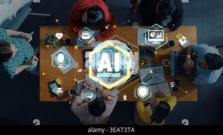 Collaborative Workspace with AI Elements in a Modern Office Setting, Diverse Team Engaging in Brainstorming and Discussions Around Technology and Stock Photo