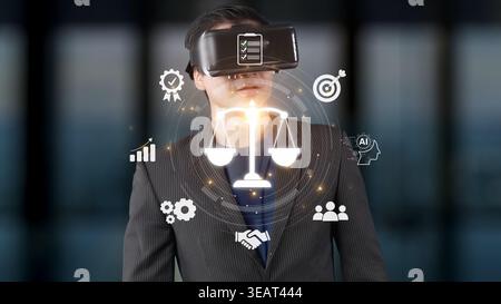 A businessman wears a virtual reality headset, surrounded by symbols like scales and analytics, representing the intersection of technology, law, and Stock Photo