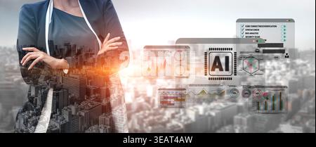 Business Woman in a Suit Overlooking Cityscape with Data Analytics and AI Graphics on Computer Screen, Symbolizing Modern Technology and Innovation Stock Photo