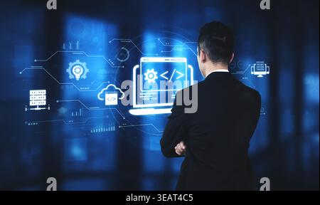 Modern web development concept featuring coding symbols, web development process, web development interface, and web development tools with futuristic Stock Photo