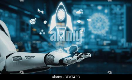 A futuristic robotic arm showcases a digital rocket icon, highlighting themes of innovation and technological advancement in a visually captivating Stock Photo