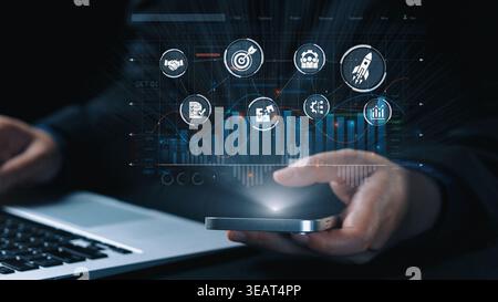 Project management dashboard showing project management strategy, planning, project management workflow, and project management team icons for better Stock Photo
