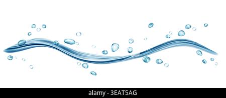 Translucent curved jet or splash of water with drops, in gray blue colors, isolated on transparent background. Transparency only in vector file Stock Vector