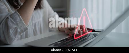 Cybersecurity alert warning showing red cyber for data breach, network threat, and cyber security system vulnerability with emphasis on security risk Stock Photo
