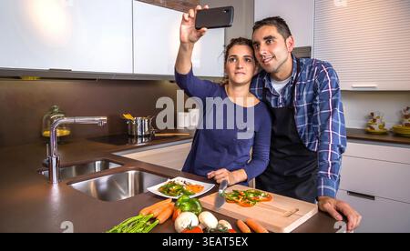 couple, cooking, selfie, pairs, to cook Stock Photo
