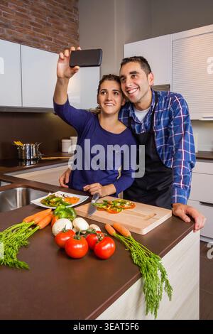 couple, cooking, selfie, pairs, to cook Stock Photo