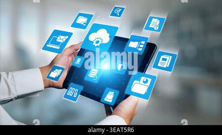Concept design of managing online documents with cloud storage, digital file management, and secure sharing. Online documents improve workflow, online Stock Photo