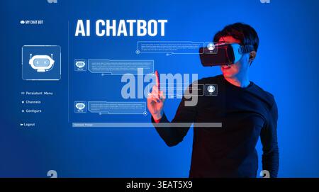 A person interacting with a virtual AI chatbot using VR technology, showcasing the integration of machine learning and automation for enhanced user Stock Photo