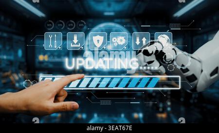 A high-tech scene featuring a human finger and a robotic hand interacting with a digital interface showcasing an update progress bar, symbolizing Stock Photo