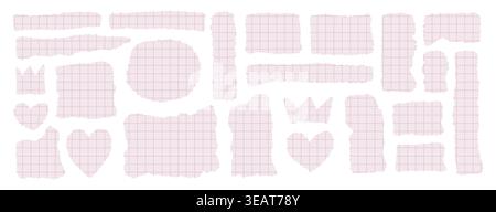 Torn pink notebook paper pieces with soft grid texture, rough ripped edges and realistic shadows. Cute pastel stationery scraps set, collage elements isolated on white, perfect for scrapbooking Stock Vector