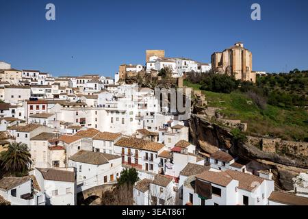 Setenil de las Bodegas. View of the town and the ancient church on the hilltop. Andalusia, Spain Stock Photo