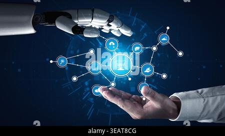 A captivating image depicting a human hand reaching out to a robotic hand, symbolizing the intersection of humanity and technology, showcasing Stock Photo