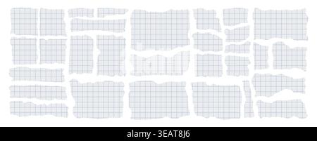 Set of torn grid paper pieces with rough edges, blue square pattern, isolated on white background. Hand ripped notebook scraps, collage elements, realistic texture, stationery design resource pack set Stock Vector