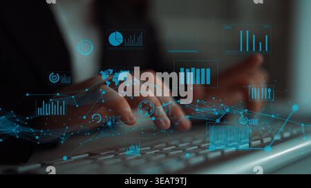 A business professional interacts with a digital interface displaying various data visualizations, showcasing modern data analysis methods in a sleek Stock Photo