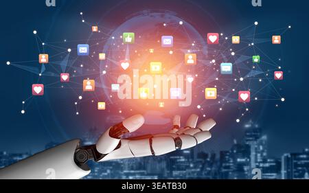 AI enhances social media engagement using intelligent icons, influencer tracking tools, and smart communication platforms for modern digital Stock Photo