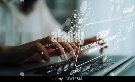 Modern Digital Interfaces Enhancing Customer Relationship Management with Technology in Business Environment. Asymptotic smart data analytic. Stock Photo