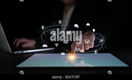 Digital business ecosystem integrating multiple business, ecosystem, and technology elements in a seamless digital network Latch Stock Photo