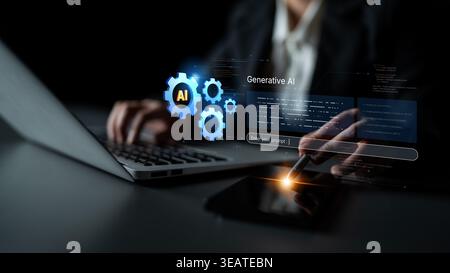 A futuristic concept of an enterprise Artificial Intelligence platform. This system uses machine learning for business automation, data analysis, and Stock Photo
