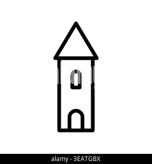 Minimalist outline of a tower featuring a pointed roof and arched doorway. Ideal for architectural projects, illustrations, or fantasy-themed designs. Stock Vector