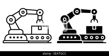 This image features an industrial robotic arm in two design styles, highlighting its role in automation and manufacturing processes. Ideal for technol Stock Vector