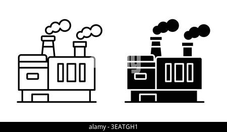 This image features two industrial factory icons, one in outline style and the other in filled style, illustrating manufacturing buildings with smoke Stock Vector