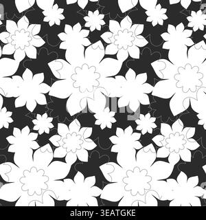 Elegant monochromatic seamless pattern featuring stylized white flowers of varying sizes. Stock Vector