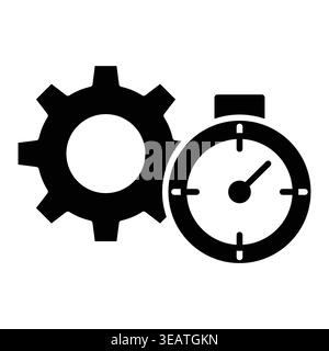Simple black and white icons of a gear and stopwatch, symbolizing concepts of time management and productivity in various workflows and processes. Stock Vector