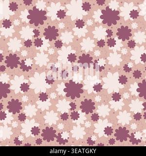 A beautiful seamless floral pattern features stylized flowers in cream and deep purple hues scattered across a soft pink background. Stock Vector