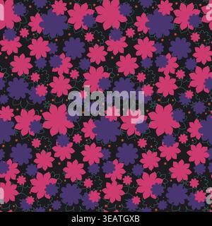 A repeating design of stylized pink and purple flowers against a dark black backdrop. Tiny orange stars and teal outlines add subtle detail. This pattern is vibrant and visually appealing. Stock Vector