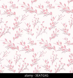 A seamless floral pattern features soft pink leaves on slender branches, repeating across a light background. Some leaves are solid pink, while others are delicate outlines. Stock Vector