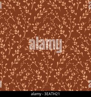 Seamless pattern featuring delicate light brown leafy branches scattered on a deep brown background. Stock Vector