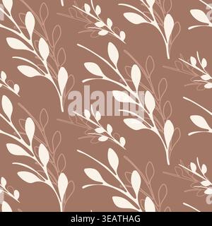 A beautiful seamless floral pattern displays cream colored leaves and branches. It features both solid and outline leaf shapes on a warm brown background. Stock Vector