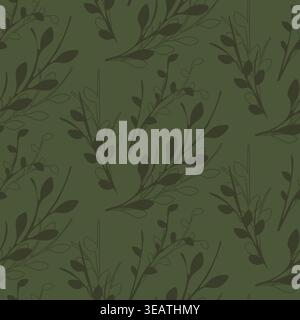 A repeating design featuring stylized dark green branches adorned with simple leaves, set against a solid green background. Stock Vector