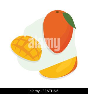 Clean vector illustration of a ripe mango with sliced pieces, featuring soft shadows and a modern minimalist style, perfect for food, tropical, and he Stock Vector