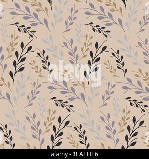 A seamless floral pattern features stylized branches with leaves in grey, black, and brown. They are scattered over a soft beige background, creating a calm and natural design. Stock Vector