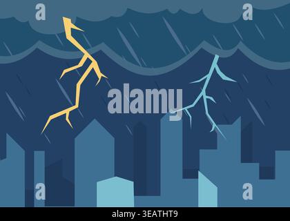 Minimal vector illustration of lightning striking over a dark city skyline during a heavy rainstorm, capturing dramatic weather, urban atmosphere, and Stock Vector